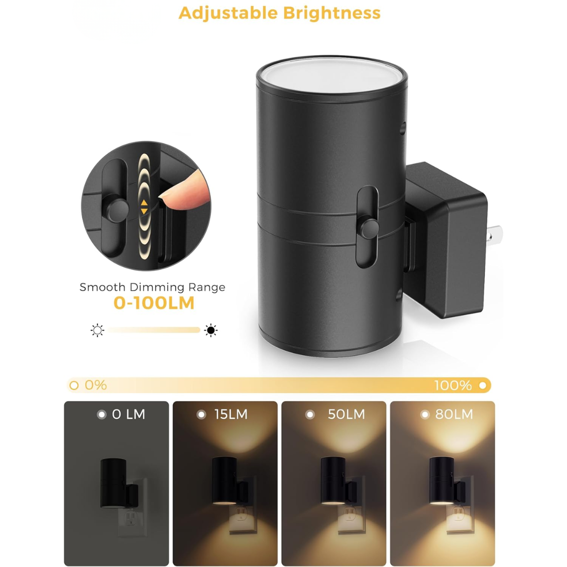Dimmable LED Night Light Plug-In Wall Lamp with Light Sensor - Black