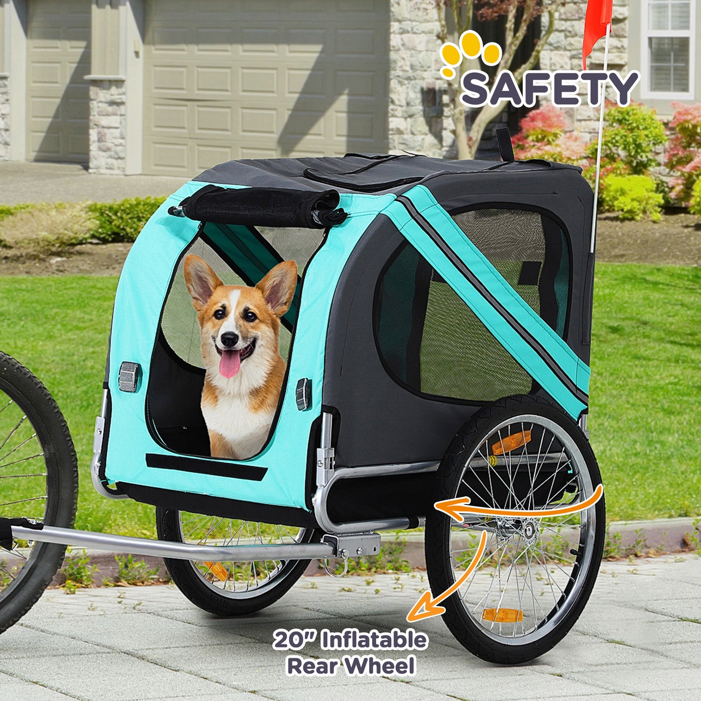 Dog Bike Trailer with Large Off-Road Wheels and 3 Entrances – Green