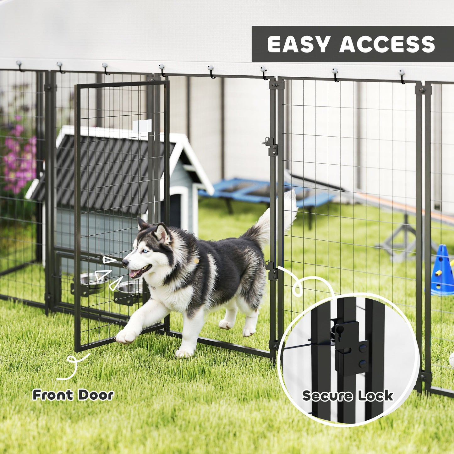 Outdoor Dog Kennel with Rotating Bowls Waterproof Cover Large Pet Cage