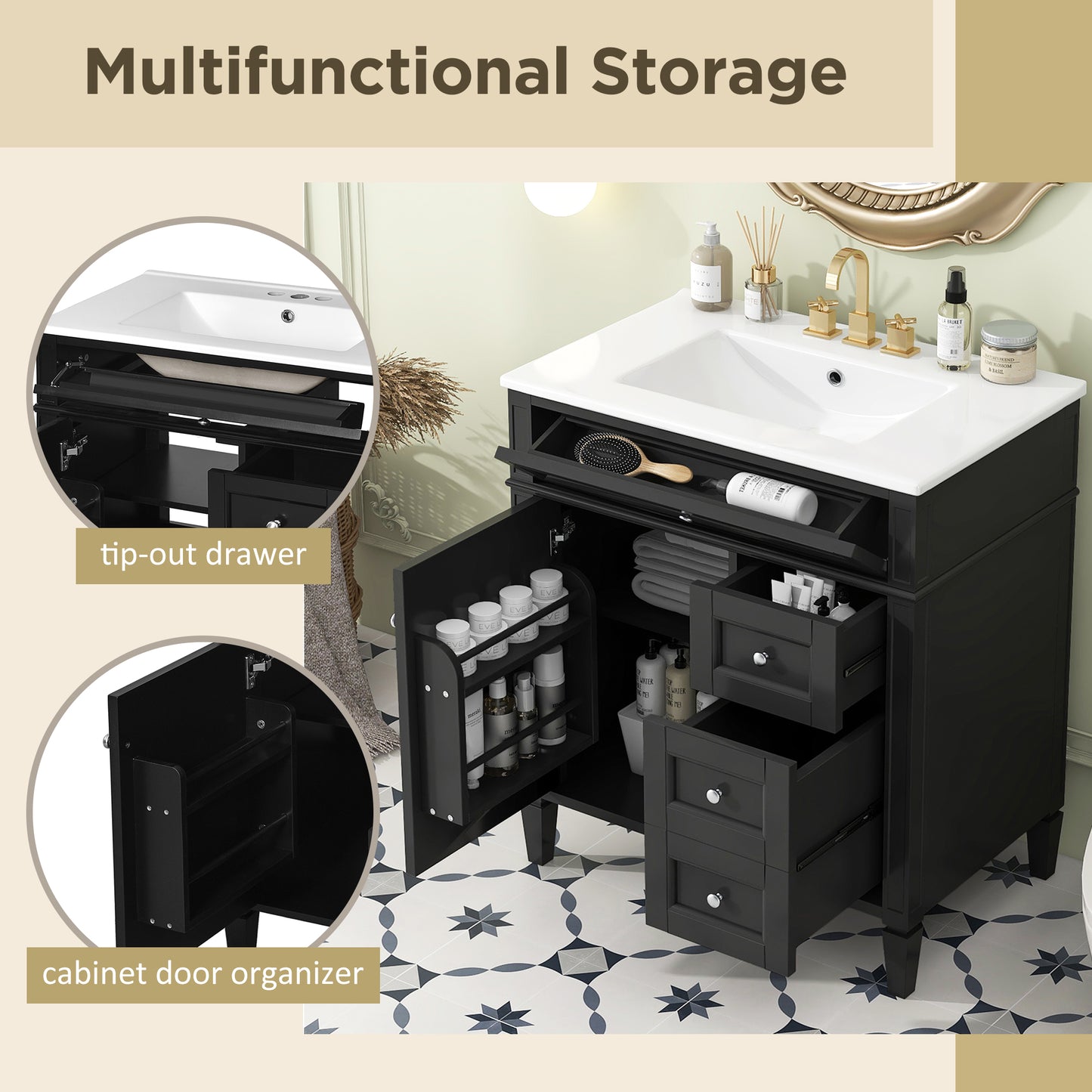 30'' Modern Bathroom Vanity with Sink - Black Storage Cabinet