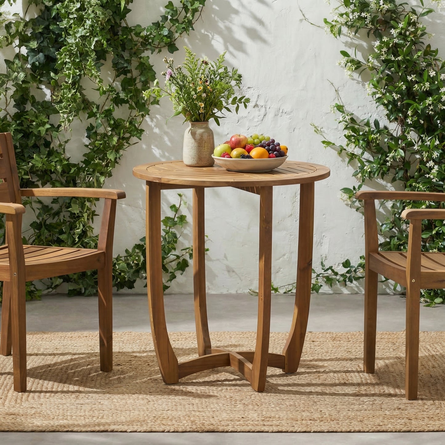 Outdoor Round Acacia Wood Accent Table - Teak Finish