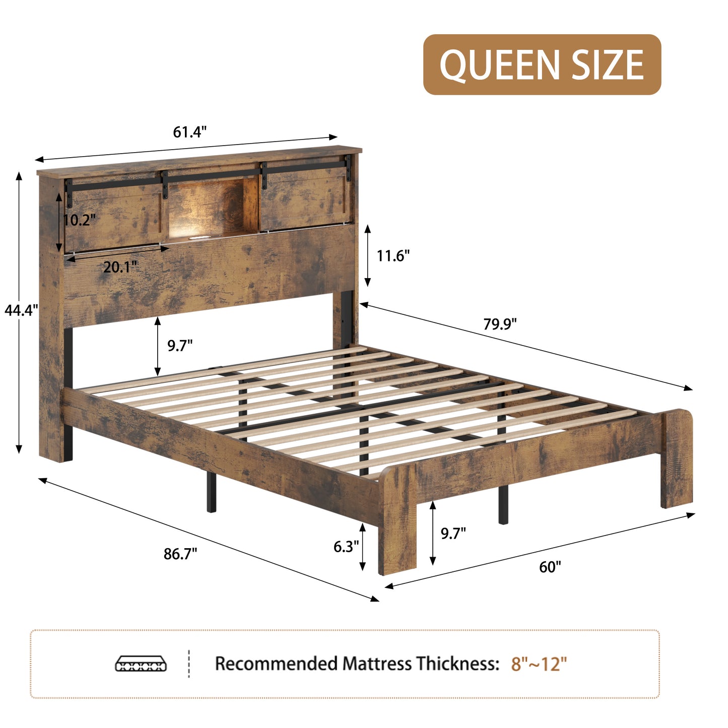Queen Metal Platform Bed Frame with Charging Station - Dark Brown