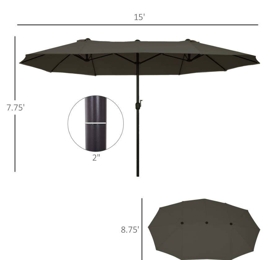 15ft Double-Sided Patio Umbrella with Crank - Gray