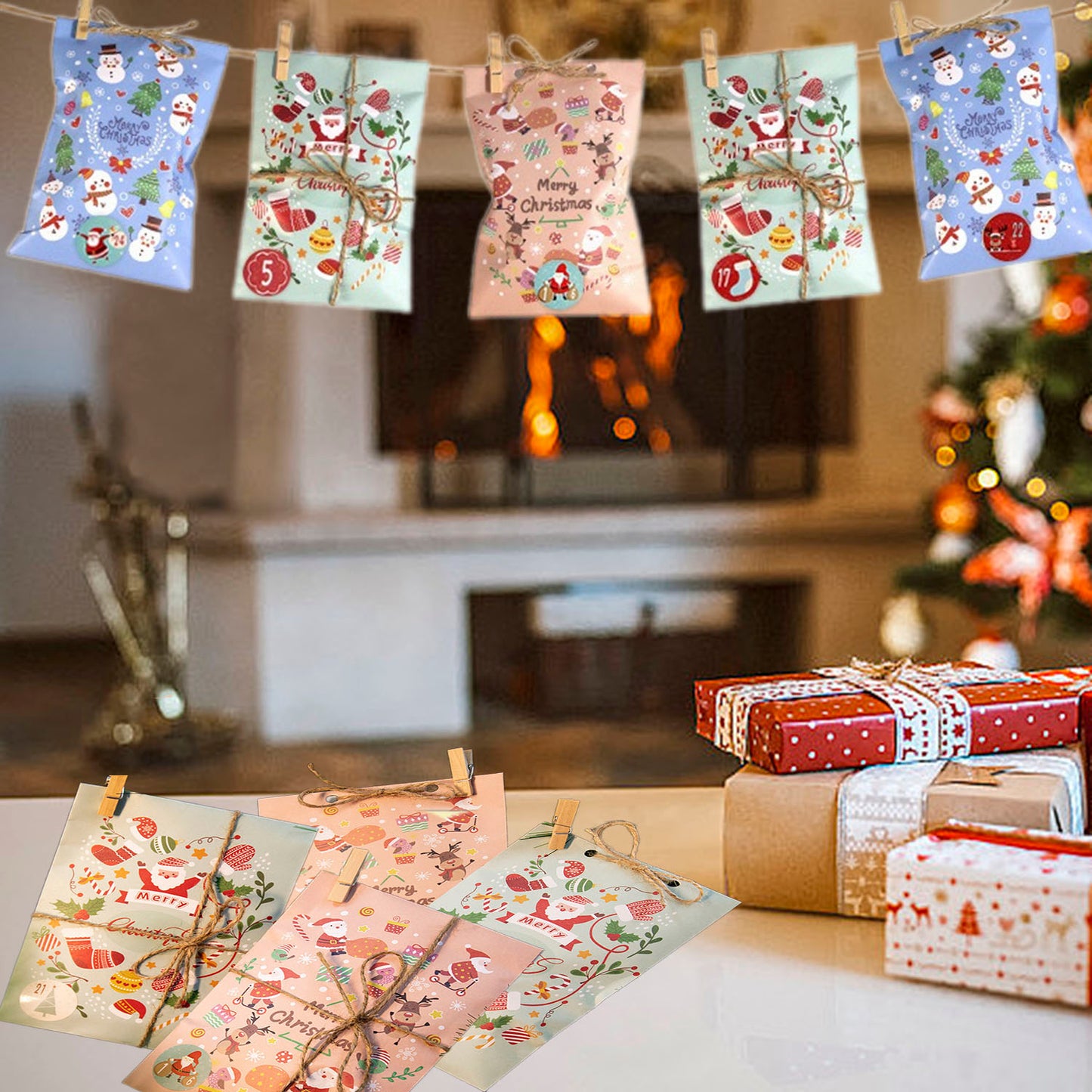 24 Christmas Gift Bags - Red, Green & Blue Paper Candy Bags