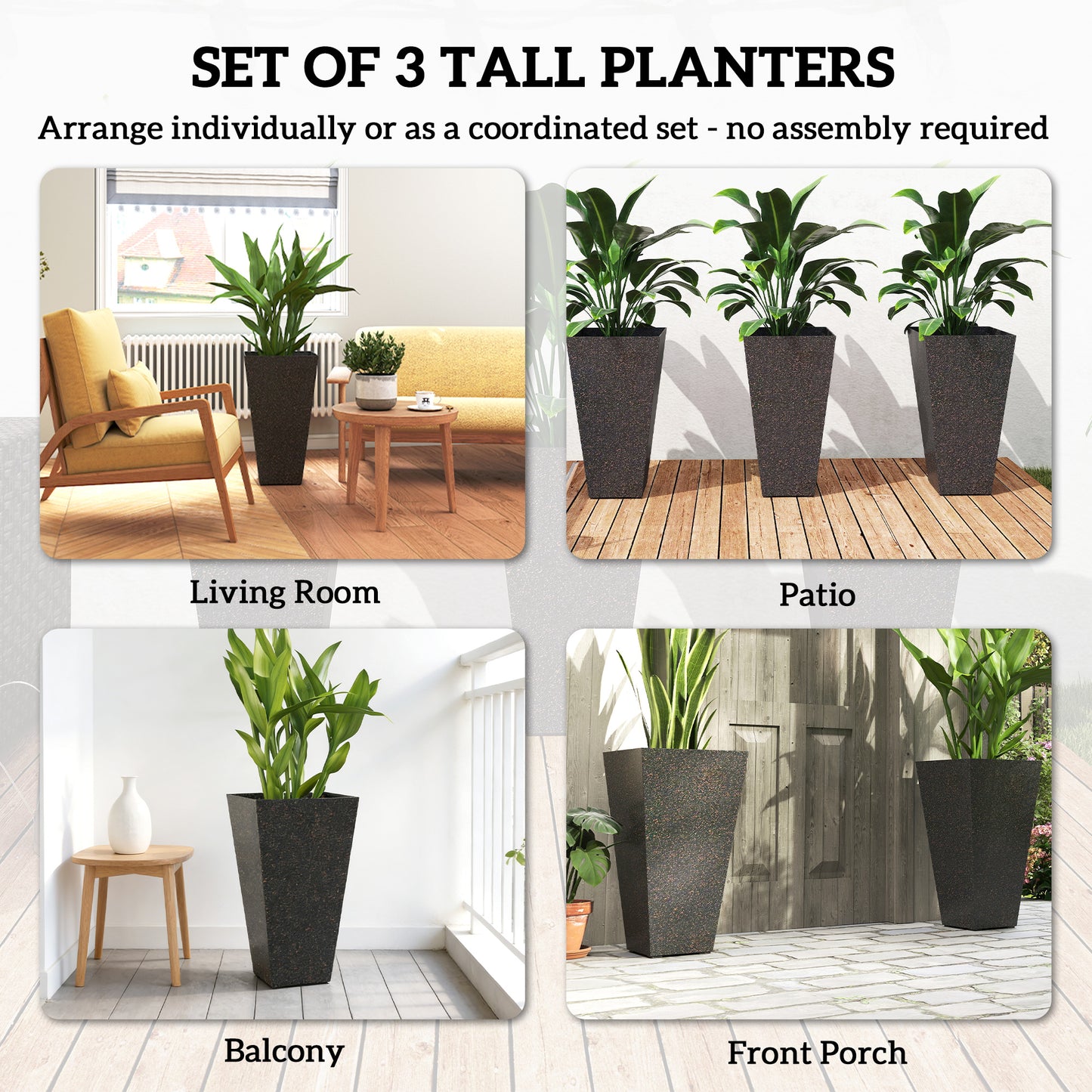 28-Inch Tall Plastic Planters Set of 3 with Marble Finish and Drainage Holes