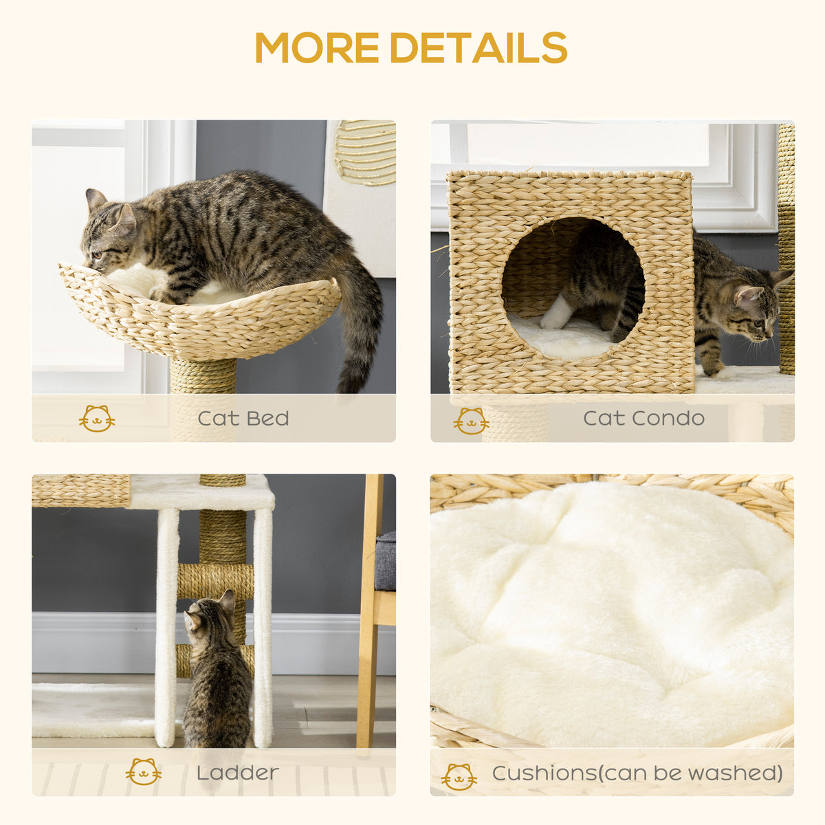 Indoor Cat Tree Tower with Rattan Condo and Washable Cushions - Natural Finish