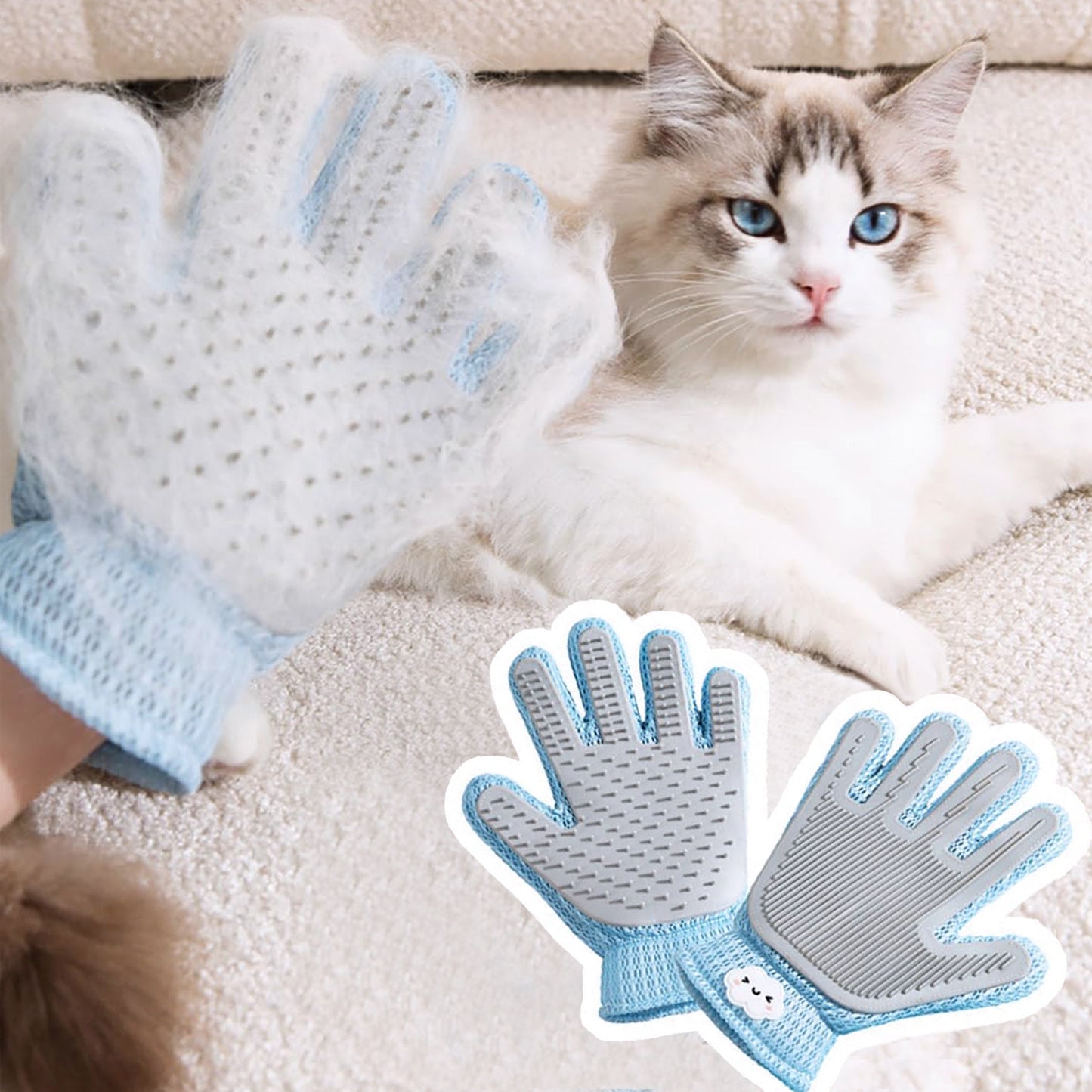 Double Sided Pet Grooming Glove for Cats & Dogs - Deshedding & Massage Mitt - Blue