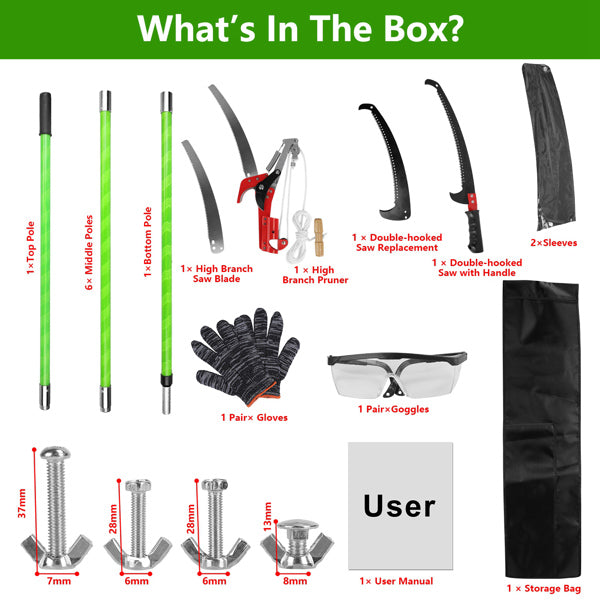 Extendable Manual Pole Saw & Pruner 28ft Tree Trimming Kit with Safety Gear