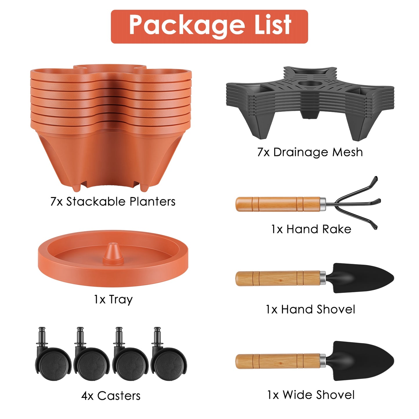 7-Tier Vertical Stackable Garden Planter with Wheels and Drainage System