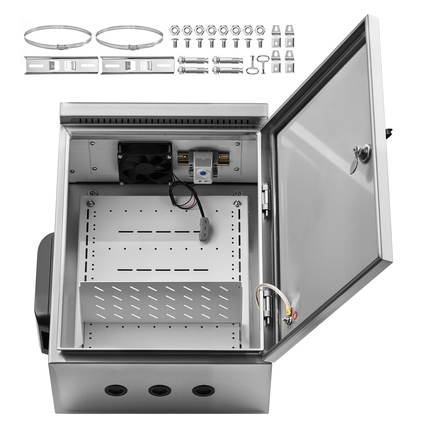 Outdoor Electrical Box 20x16x8 Inch Stainless Steel Ventilated Enclosure with Thermostat Fan Rain Hood