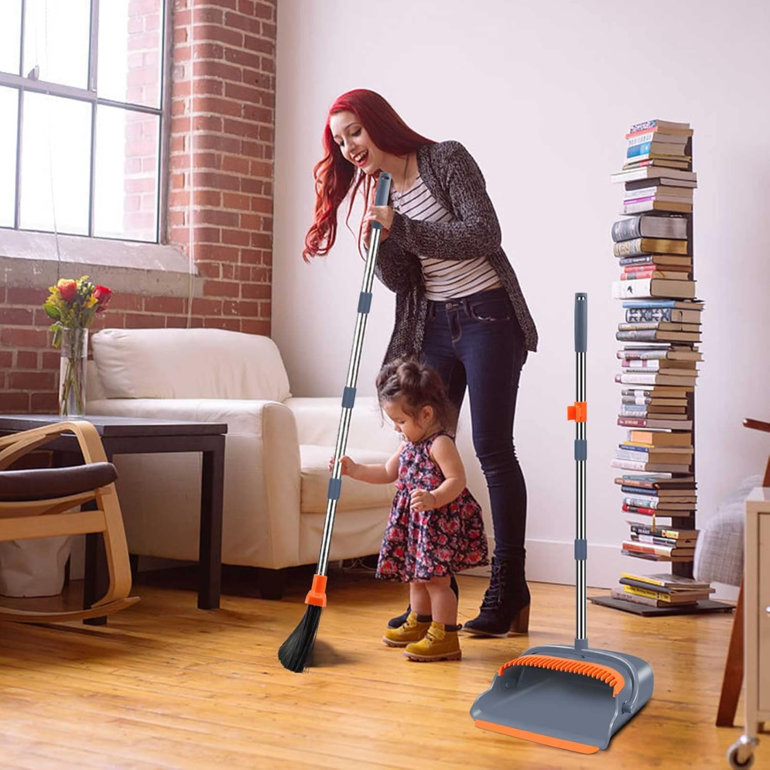 Self-Cleaning Broom and Dustpan Set with Extendable Pole - Indoor & Outdoor Sweeping