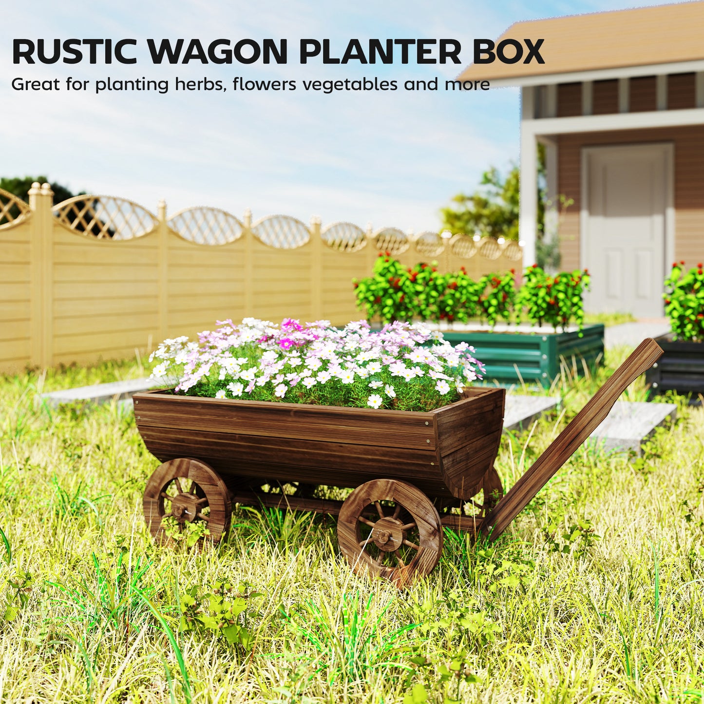 Wooden Wagon Planter Box with Wheels - Rustic Garden Flower Cart, Drainage Hole, Small Size
