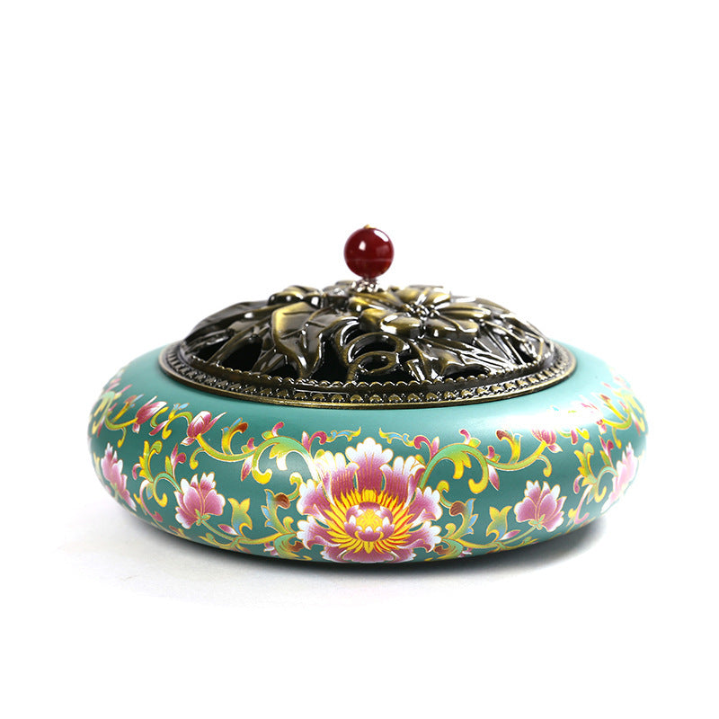 Ceramic Lotus Incense Burner with Iron Cover - Traditional Chinese Style Home Fragrance