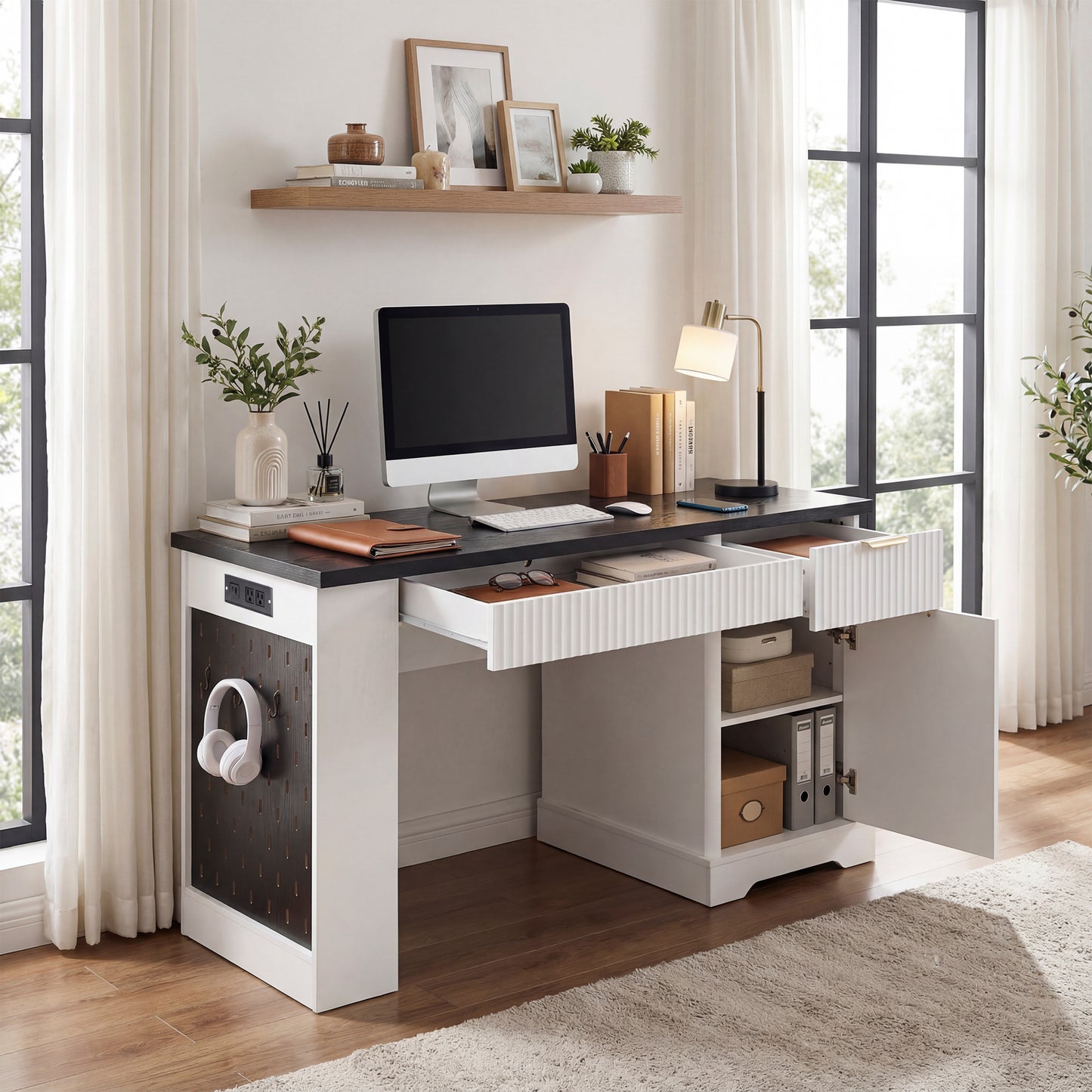 55" Modern Fluted Office Desk with Storage Cabinet & Power Outlet - White
