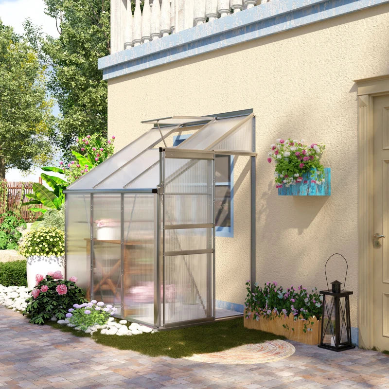 6' x 4' Aluminum Lean-To Greenhouse with Polycarbonate Panels, Adjustable Roof Vent & Rain Gutter