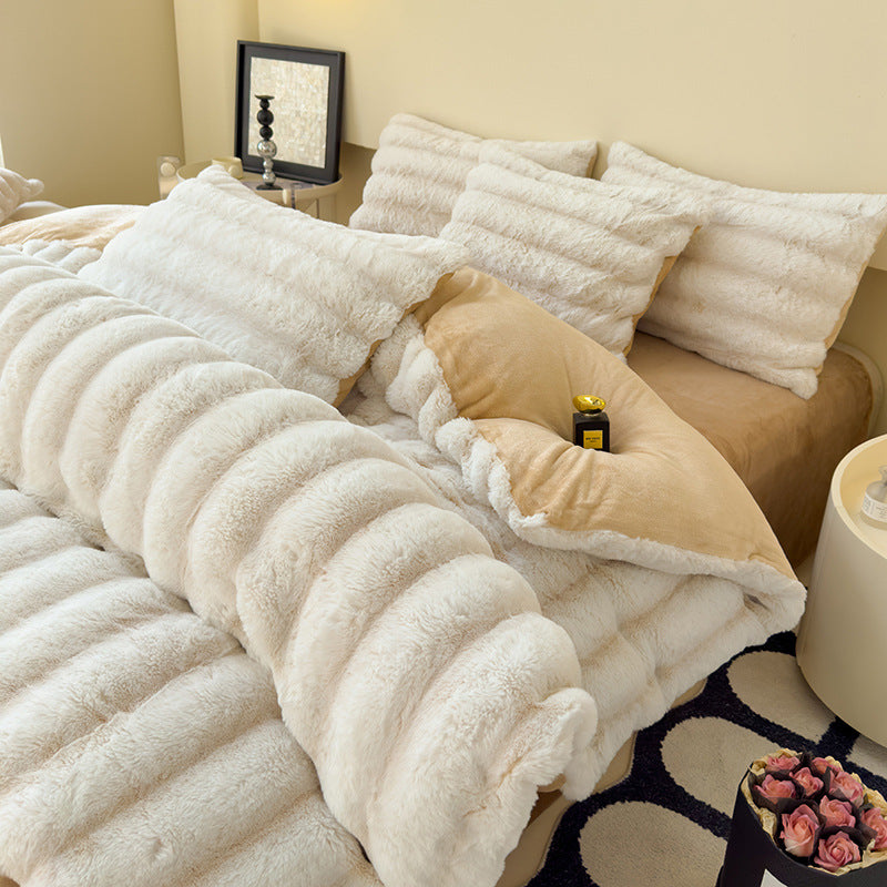 Warm Fluffy Milk Fiber Bedding Set Four Pieces - Autumn and Winter Comfort