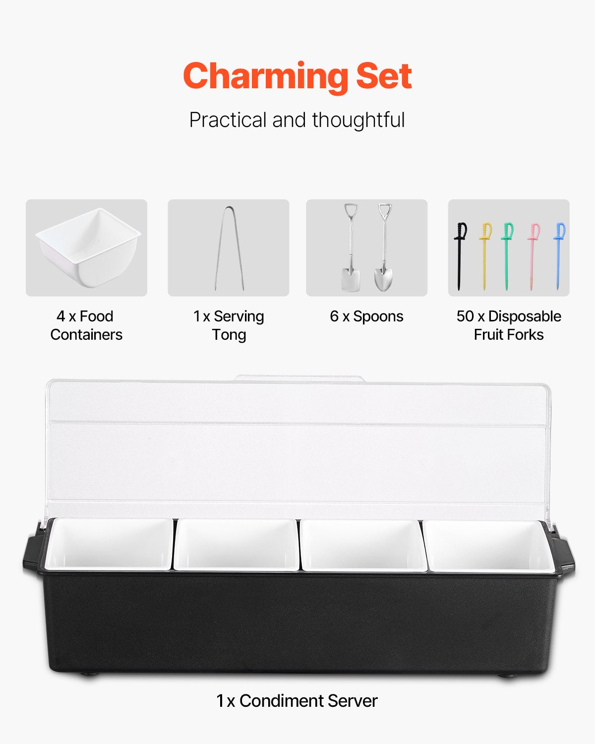 Chilled 4-Compartment Condiment Server Tray with Lid - Black