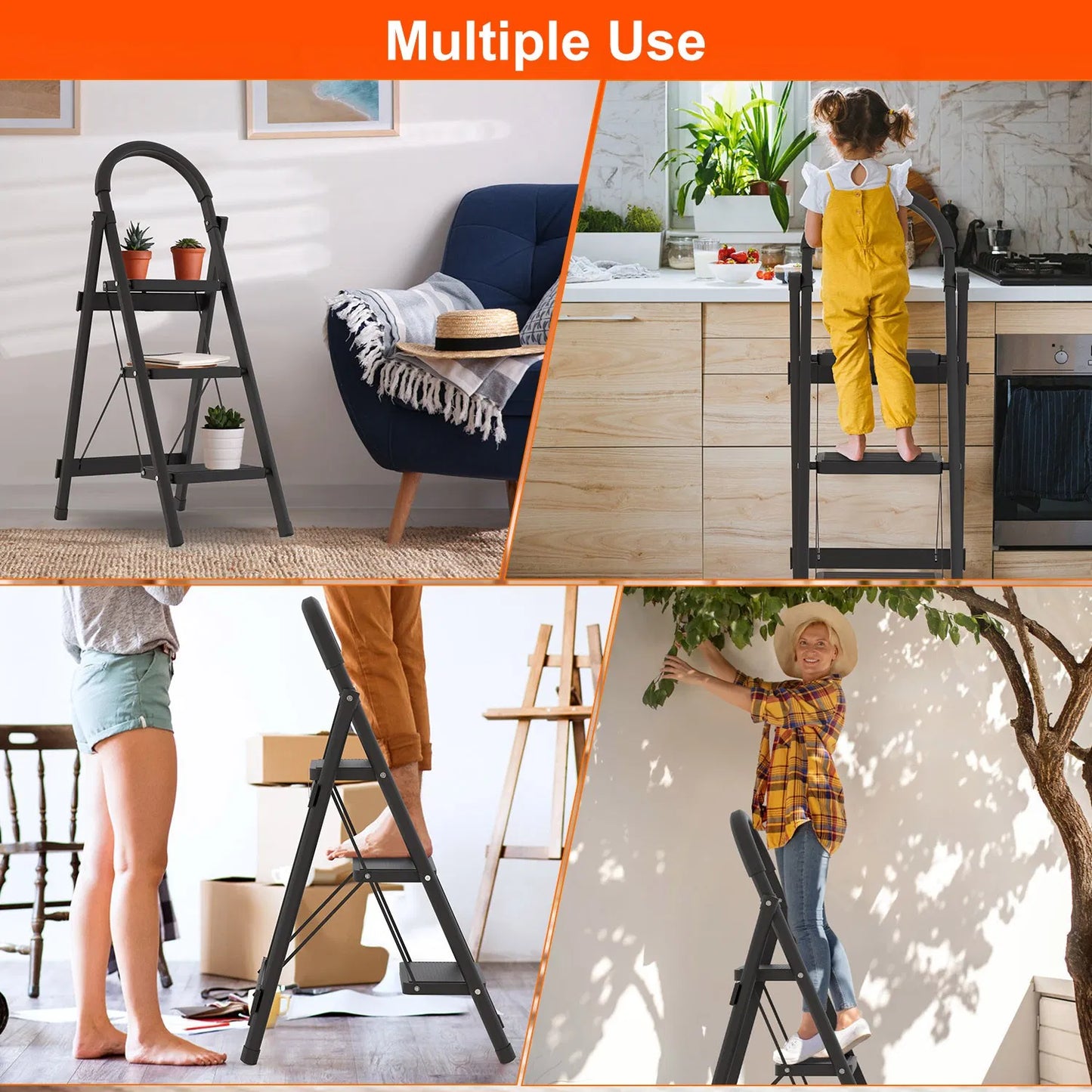 Foldable 3-Step Ladder with 330lbs Load Capacity, Lightweight Steel Construction