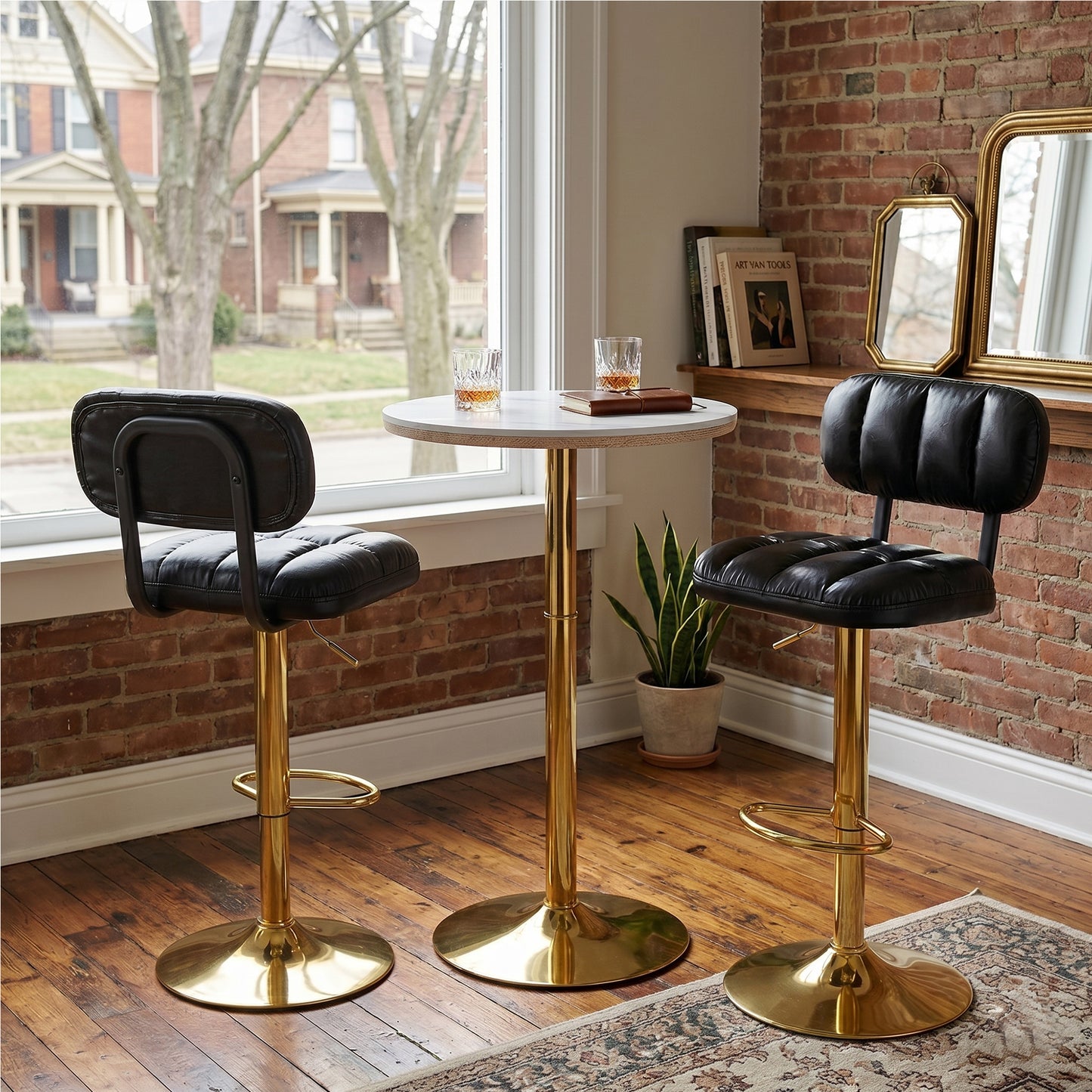 Set Of 2 Modern Bar Stools With Adjustable Height, Black PU Leather