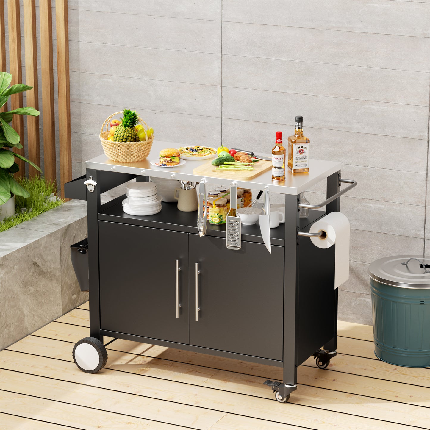 Outdoor Grill Cart with Storage and Wheels - Black Stainless Steel BBQ Trolley