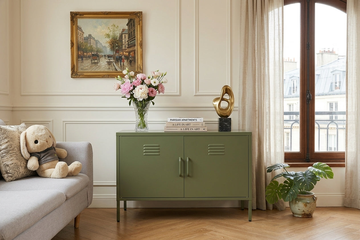 Green Metal Storage Cabinet with Legs & Adjustable Shelf
