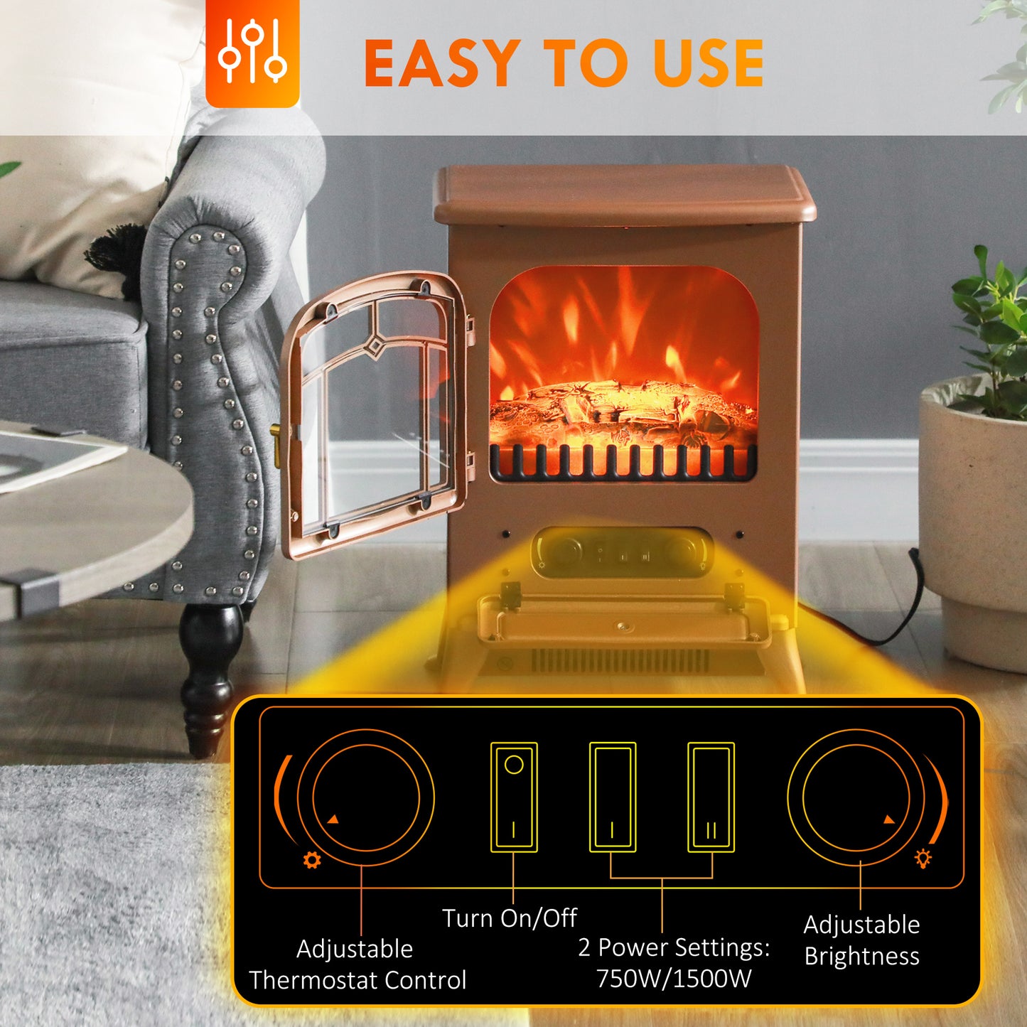 Electric Fireplace Heater with Realistic LED Flames and Logs, 725W/1450W, Dark Brown