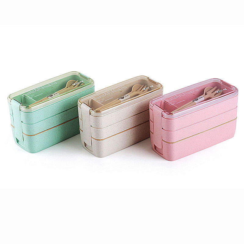 Square Double-Layer Wheat Straw Fiber Lunch Box - 3 Compartments, 900ml