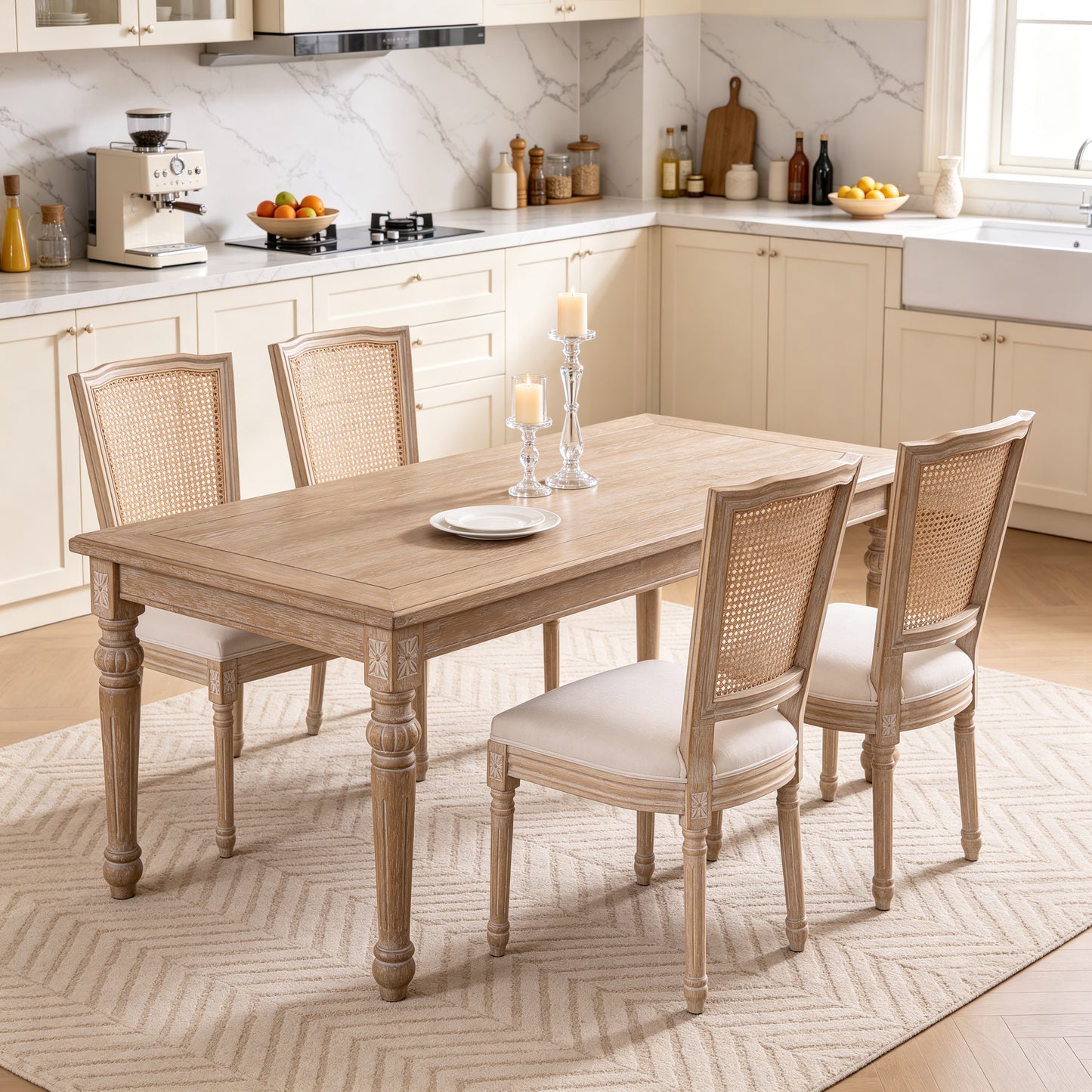 French Country Dining Chairs Set of 2 - Upholstered Rattan Back