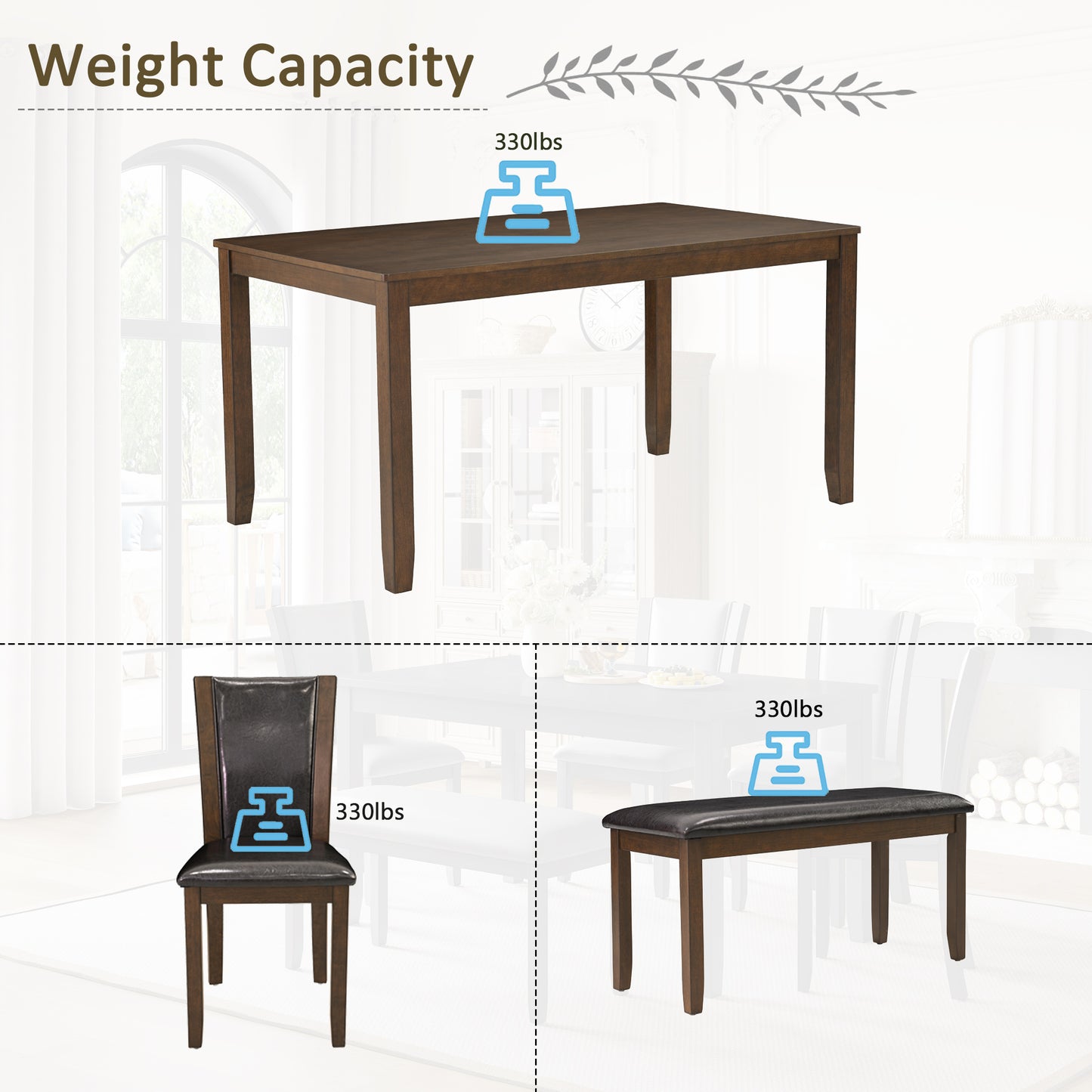 6-Piece Farmhouse Dining Table Set with Bench & Chairs - Dark Walnut