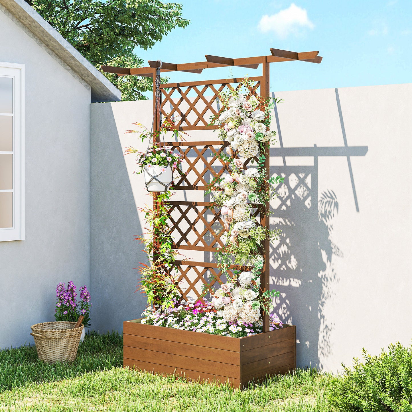 Wooden Trellis Planter Box for Vegetables Herbs Flowers - Raised Garden Bed, Orange