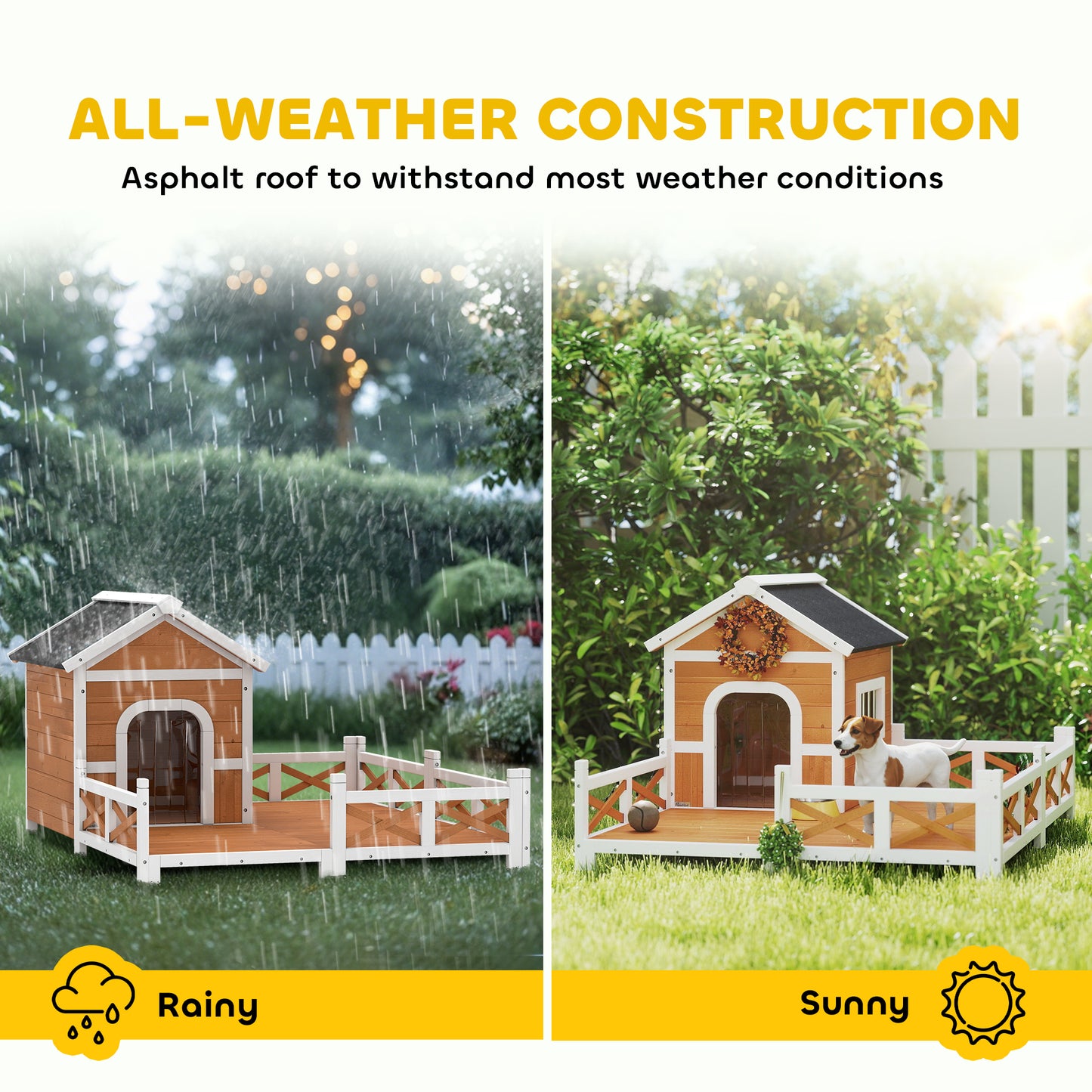 Outdoor Wooden Dog House with Porch, Weatherproof Roof & Removable Floor