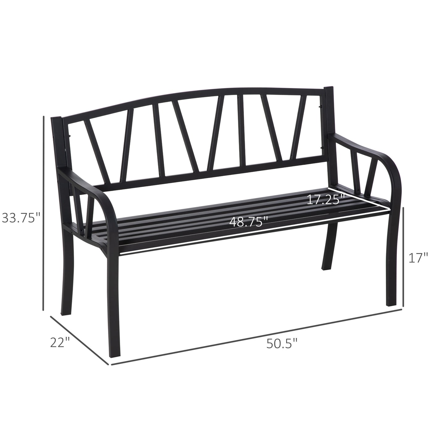 50" Outdoor Metal Bench with V-Shaped Backrest - Black