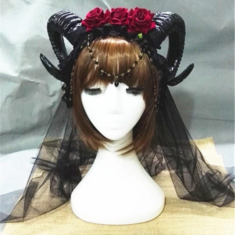 Halloween Vampire Headband with Roses and Horn Veil - Festive Hair Accessory