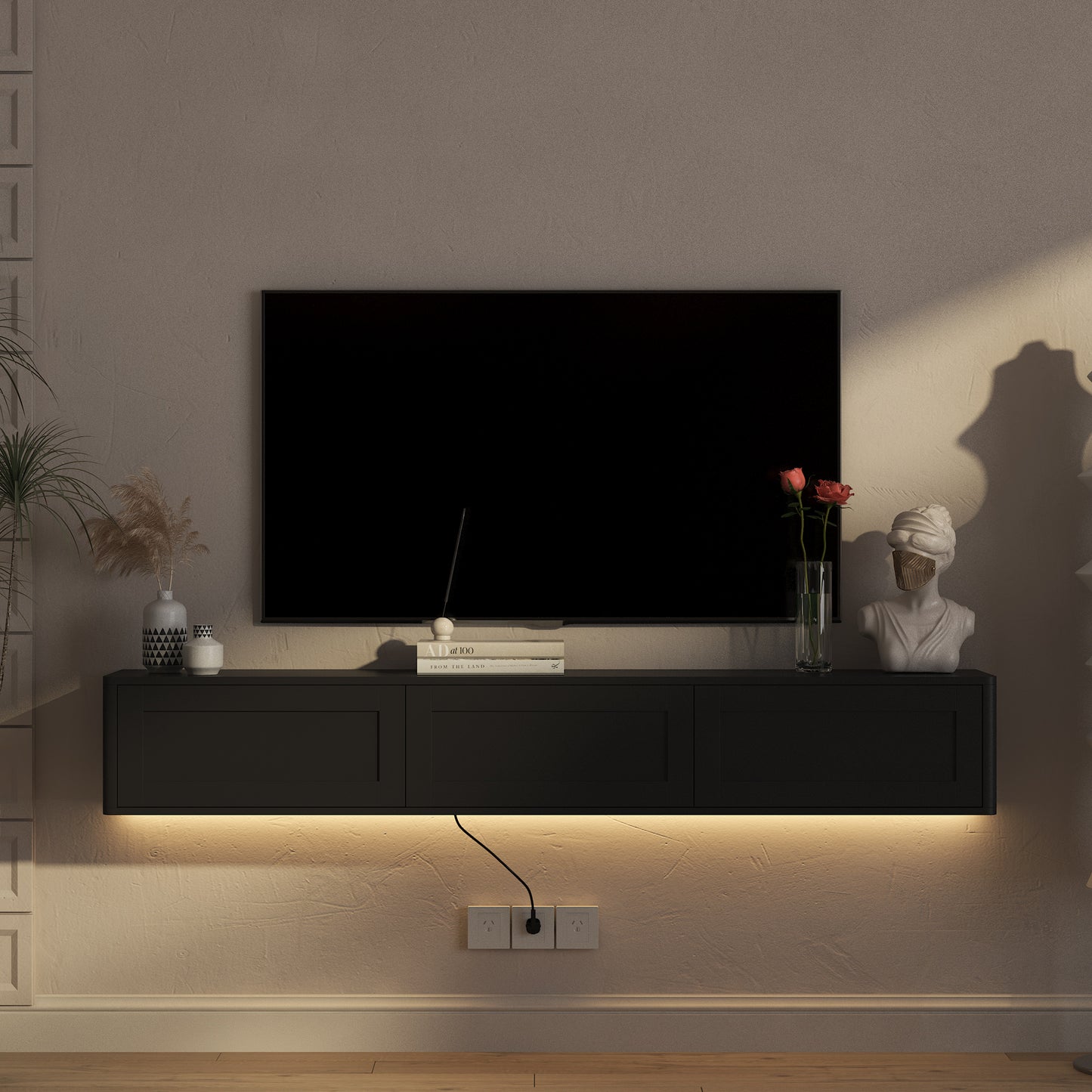 Wall Mounted Floating TV Stand with LED Lights & Power Outlet - Black