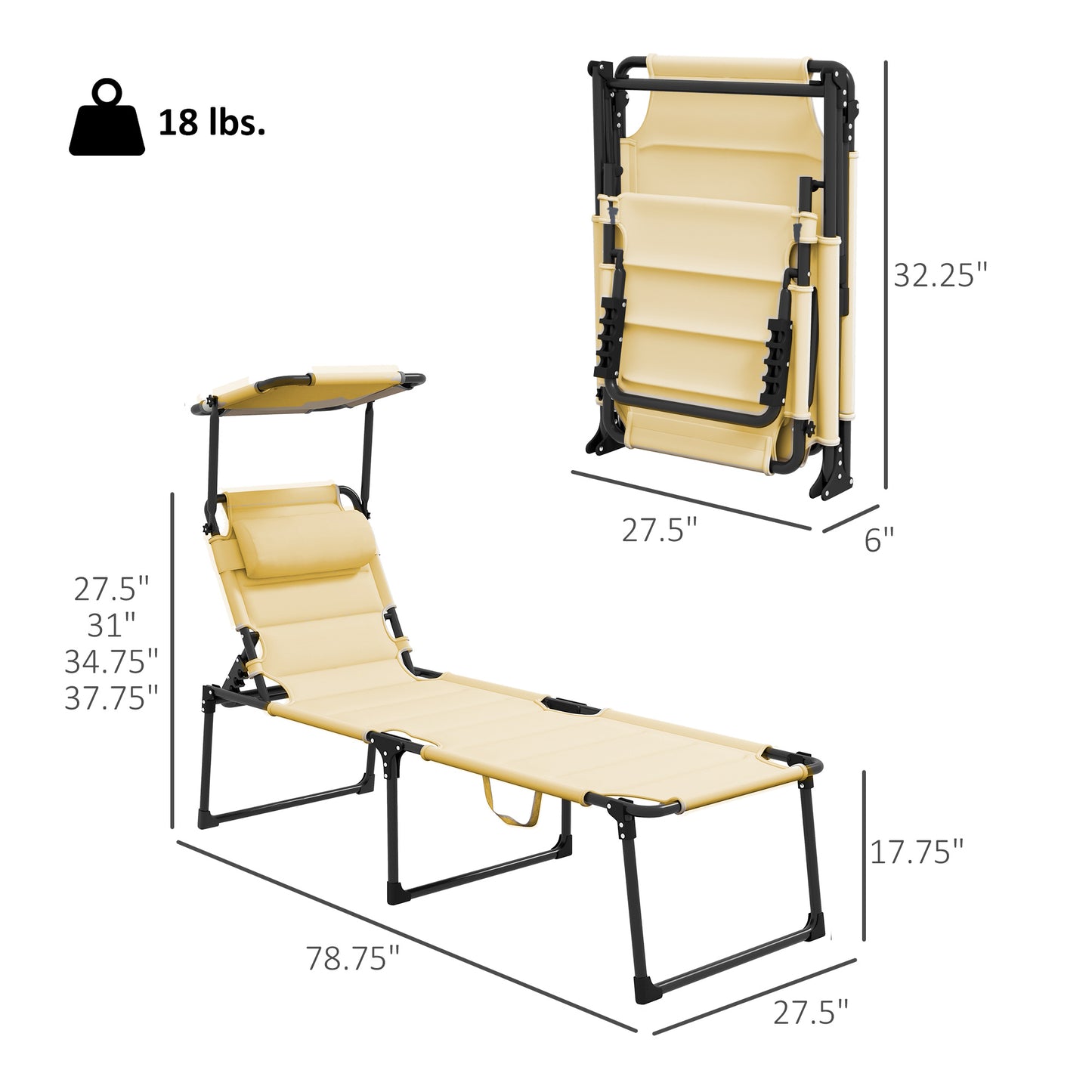 Folding Outdoor Lounge Chair with Adjustable Backrest & Sun Shade - Cream White