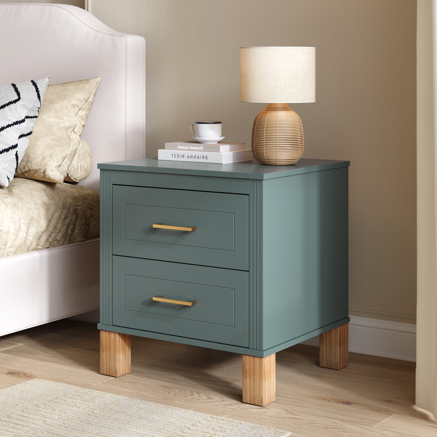 2 Drawer Nightstand with Elegant Fluted Design - Blue