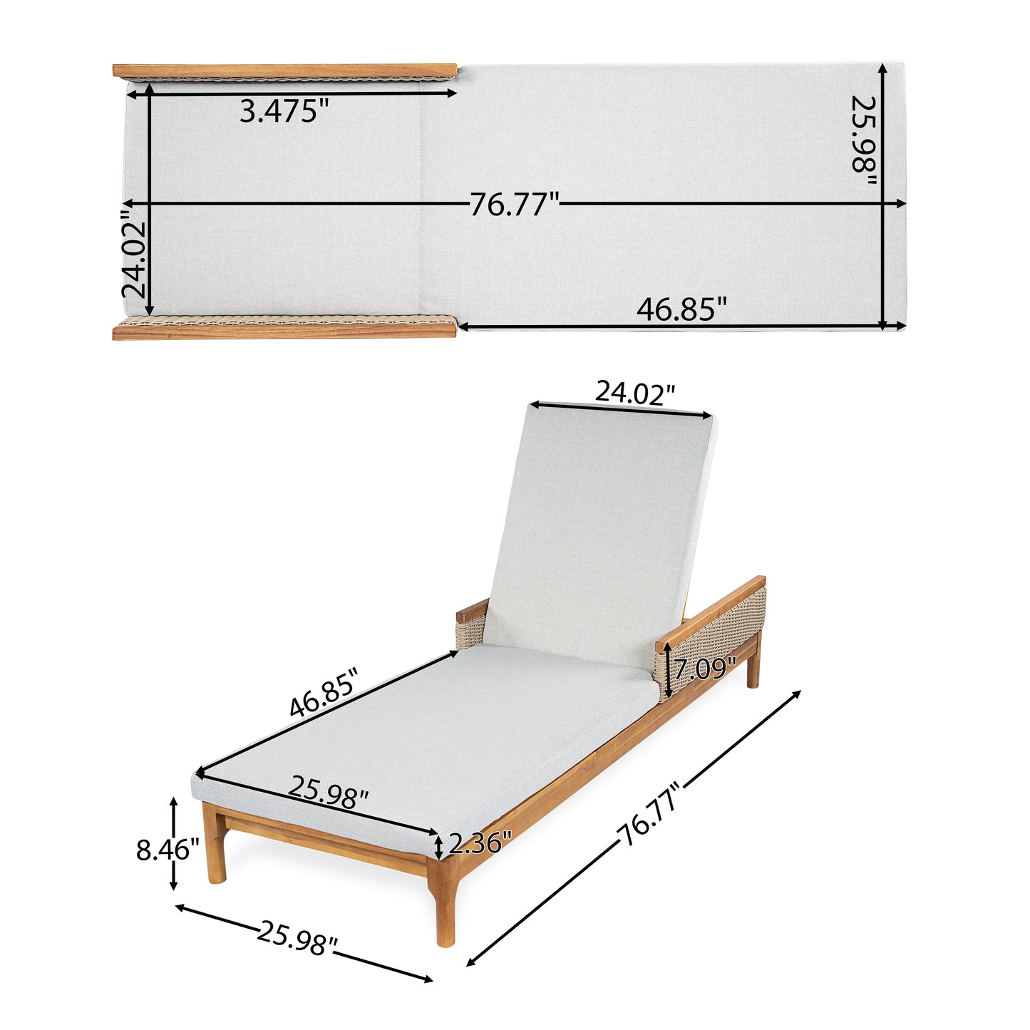 Acacia Wood Sun Chaise Lounger with Grey Cushions - 76.8"