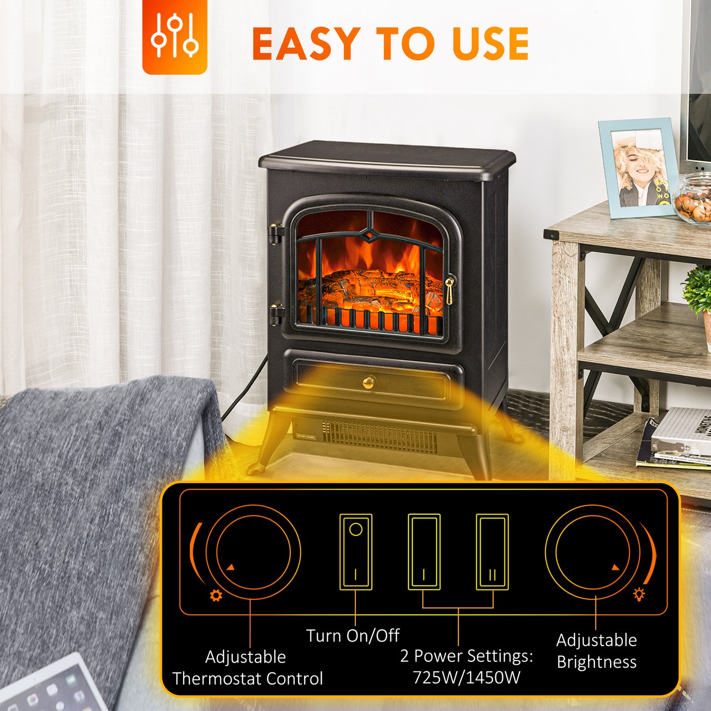 Electric Fireplace Heater with Realistic LED Flames 725W/1450W Black