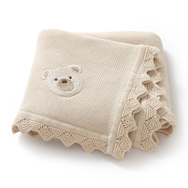 Infant Knitted Bear Embroidery Blanket - Soft Cotton Baby Covering