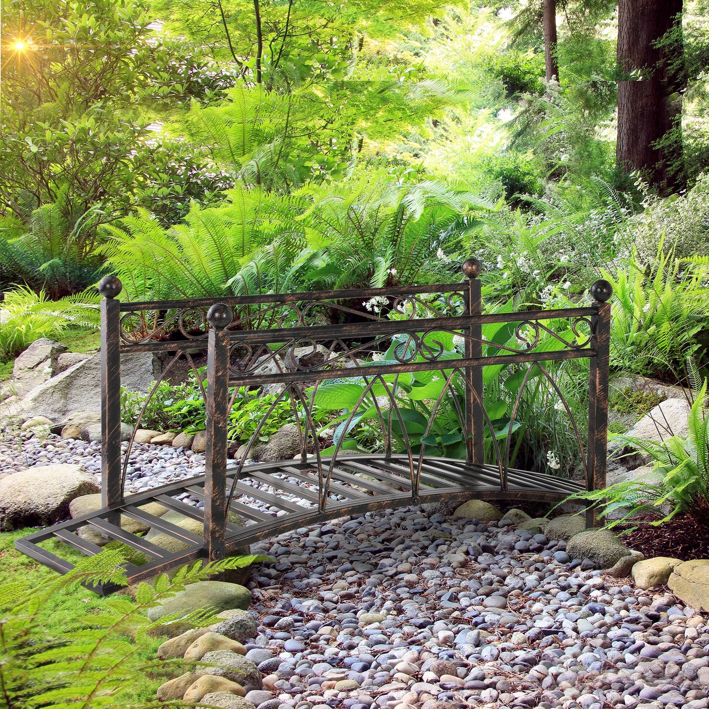 Metal Arch Garden Bridge with Safety Siderails - Bronze, 1110x160x460mm