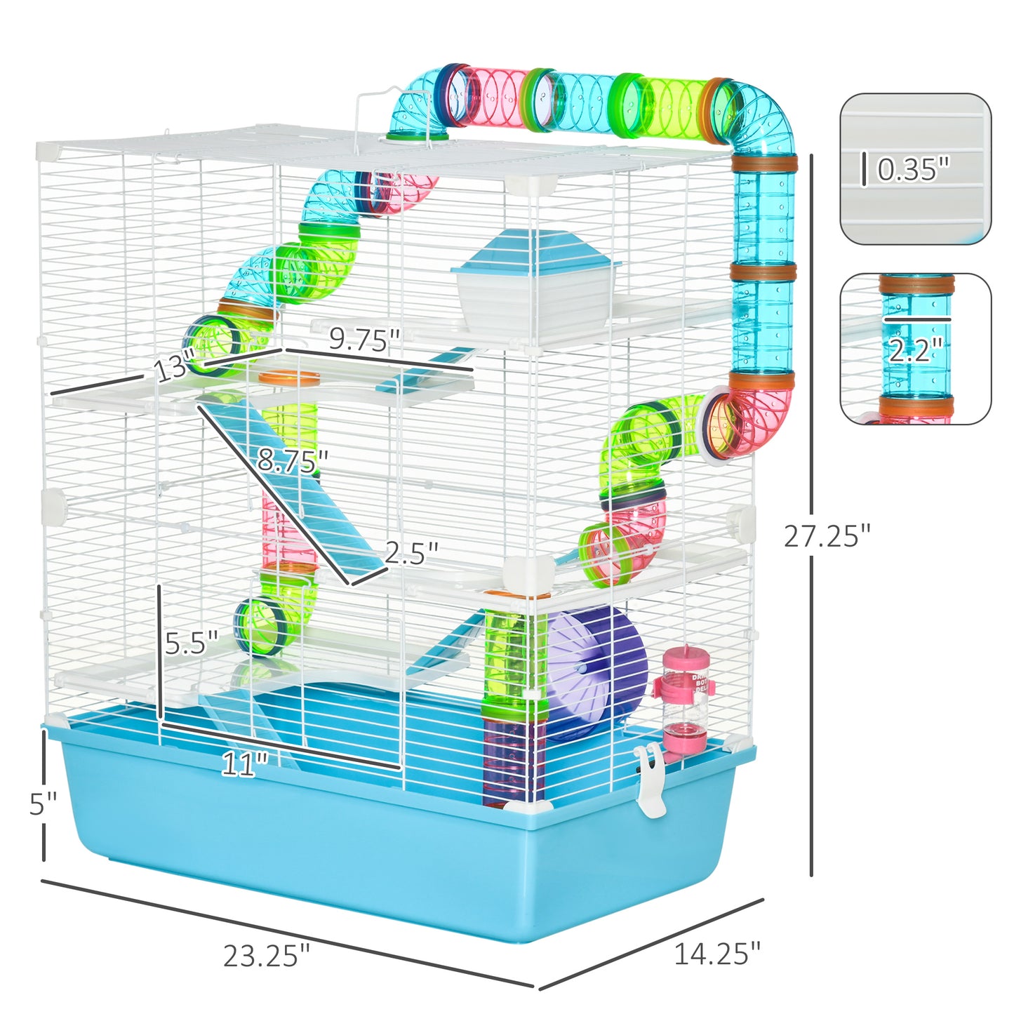 Large Hamster Cage with Tunnels and Tiers - Light Blue, 23 inch