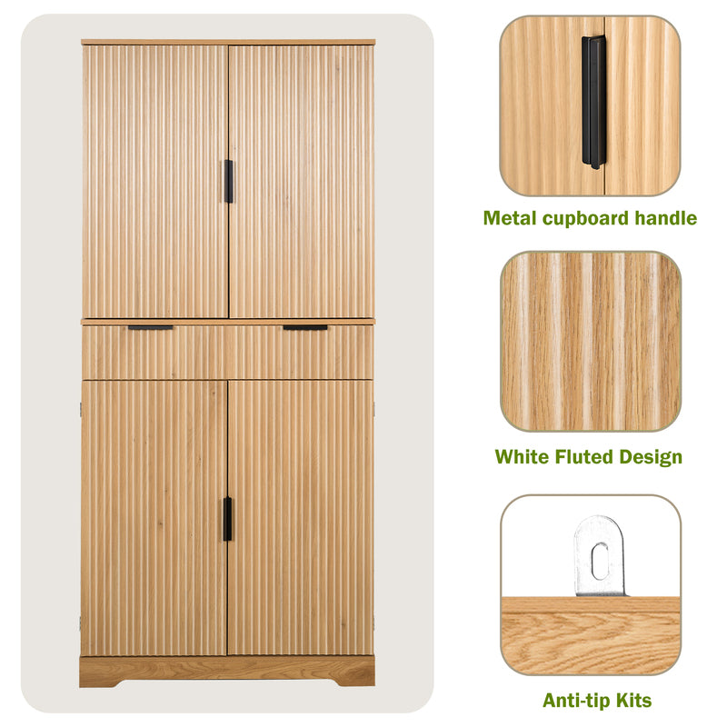 72-Inch Fluted Kitchen Pantry Cabinet with 3 Drawers & 6 Shelves - Oak