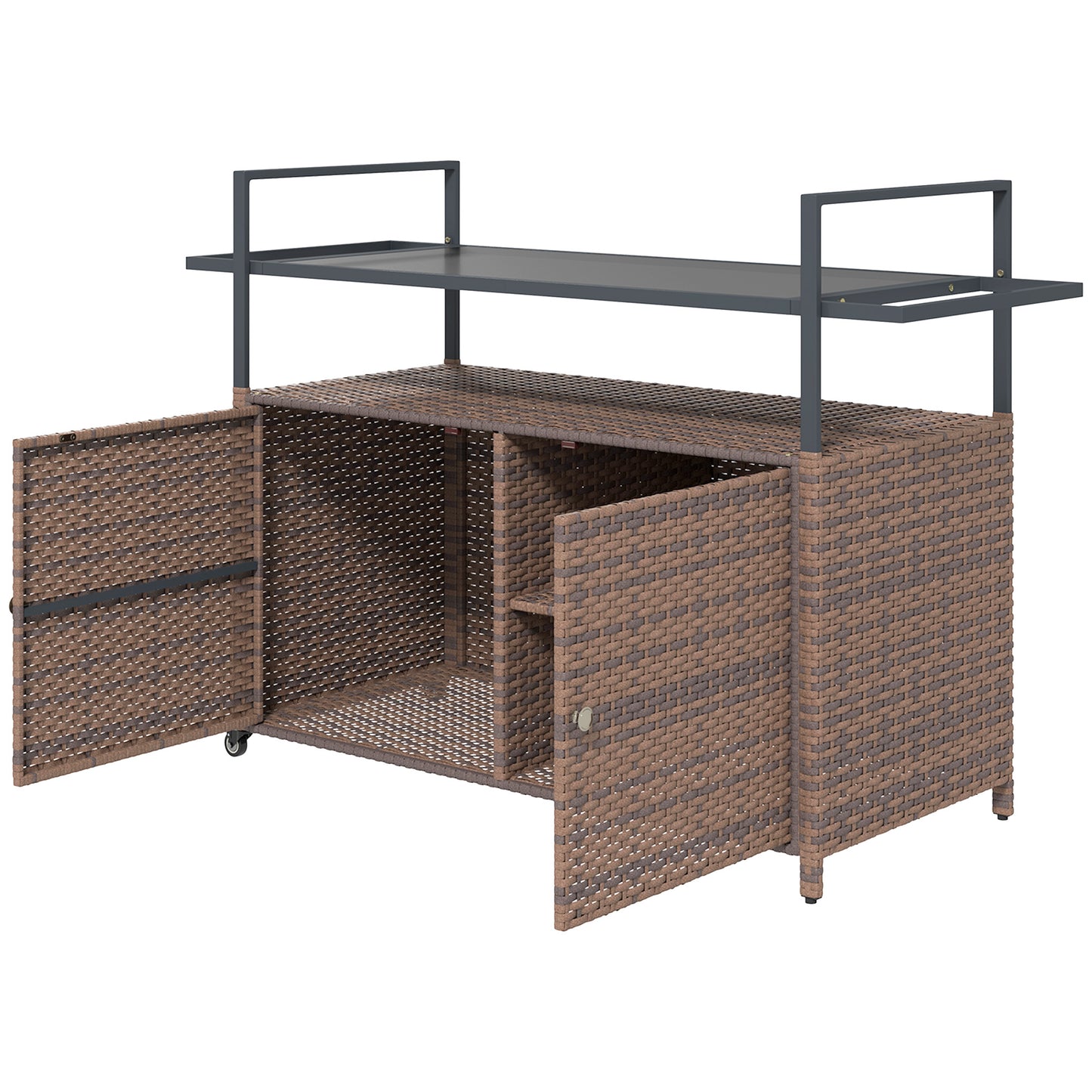 Outdoor Bar Cart with Glass Top & Storage Cabinet - Mixed Brown
