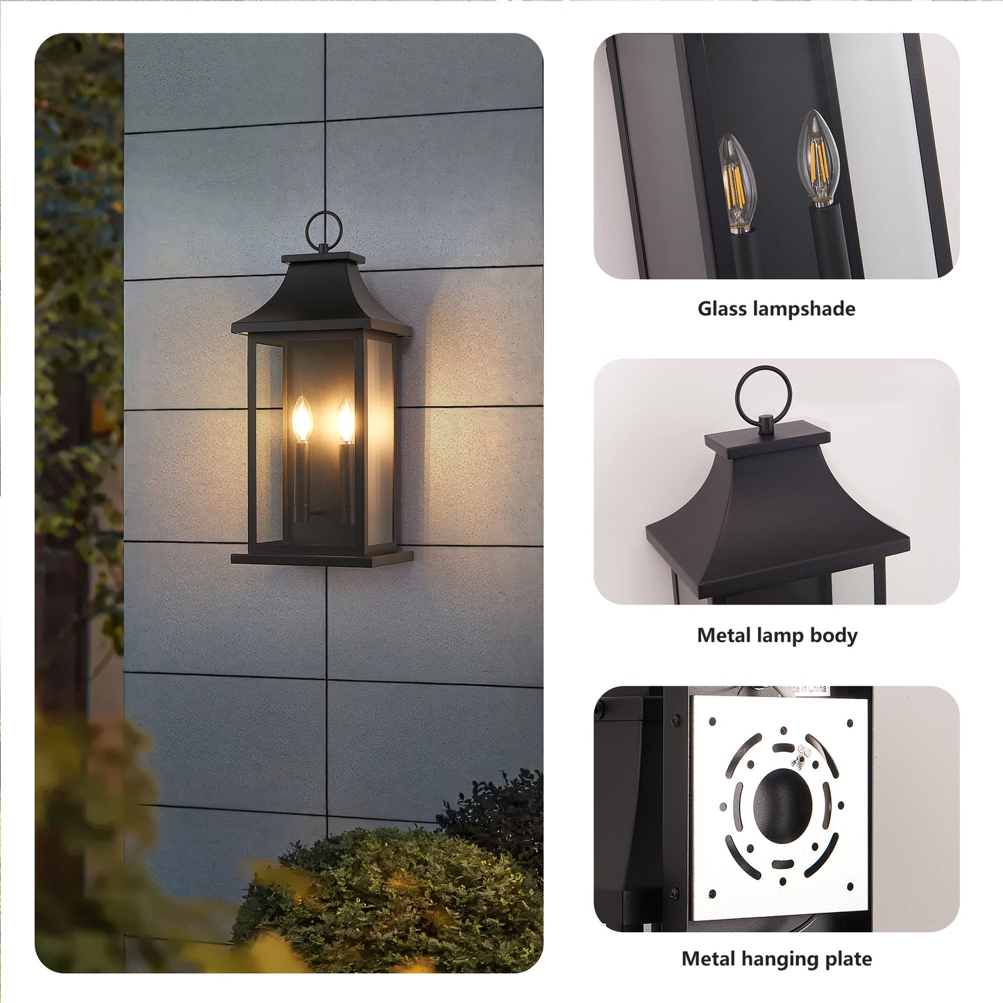 2-Pack Outdoor Wall Lanterns - Dusk to Dawn Black Sconce with Glass for House Porch Garage