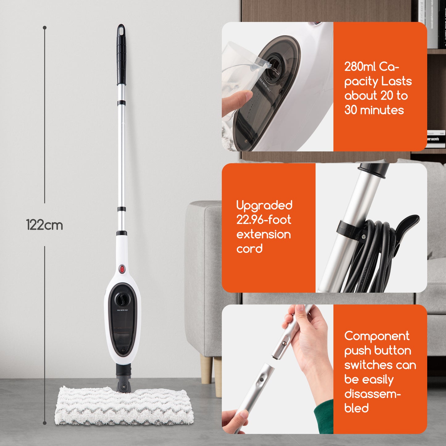 10-in-1 Steam Mop with Double-Sided Design - White