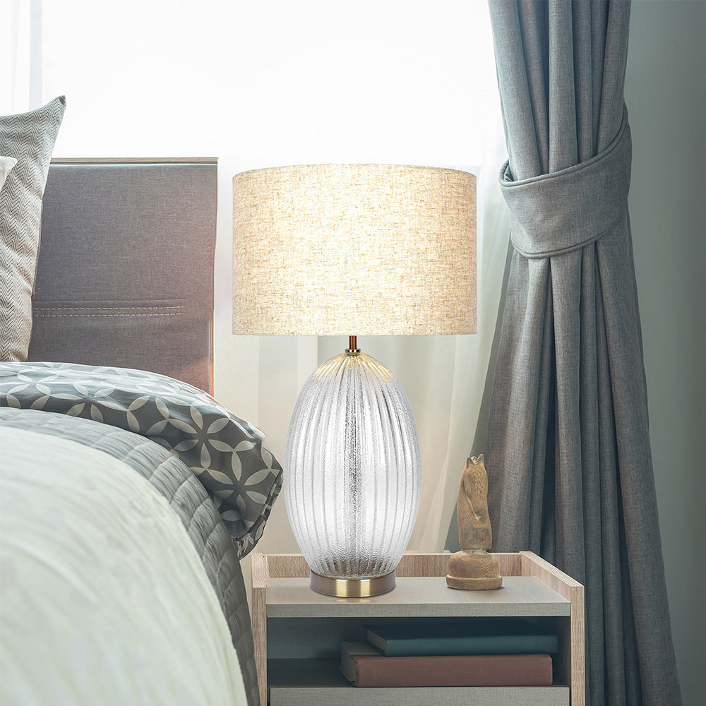 Aurora Ribbed Glass Lamp Base Clear Table Large Linen Shade