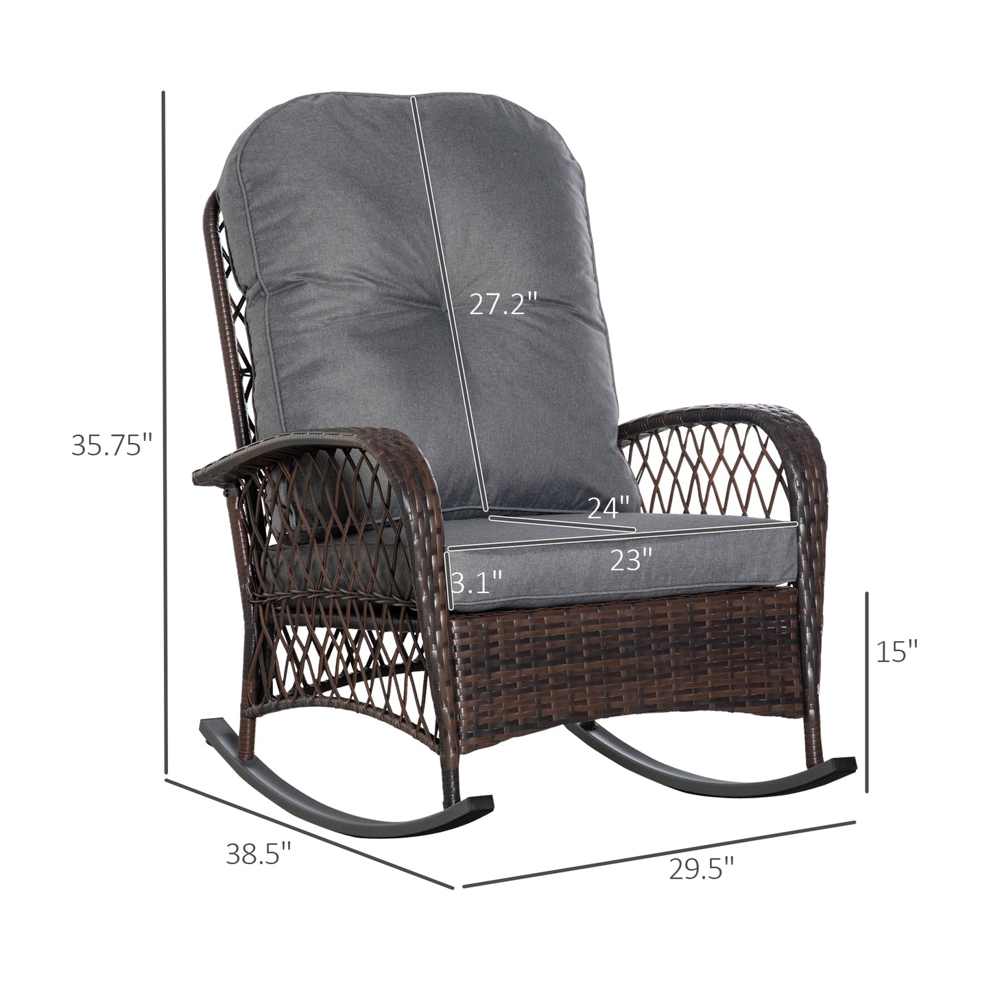 Rattan Porch Rocker with Plush Cushion - Light Gray