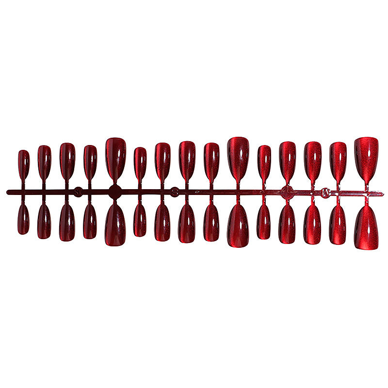 Cherry Red Cat Eye Nail Tips - Almond Shape, 30-Piece Nail Art Set