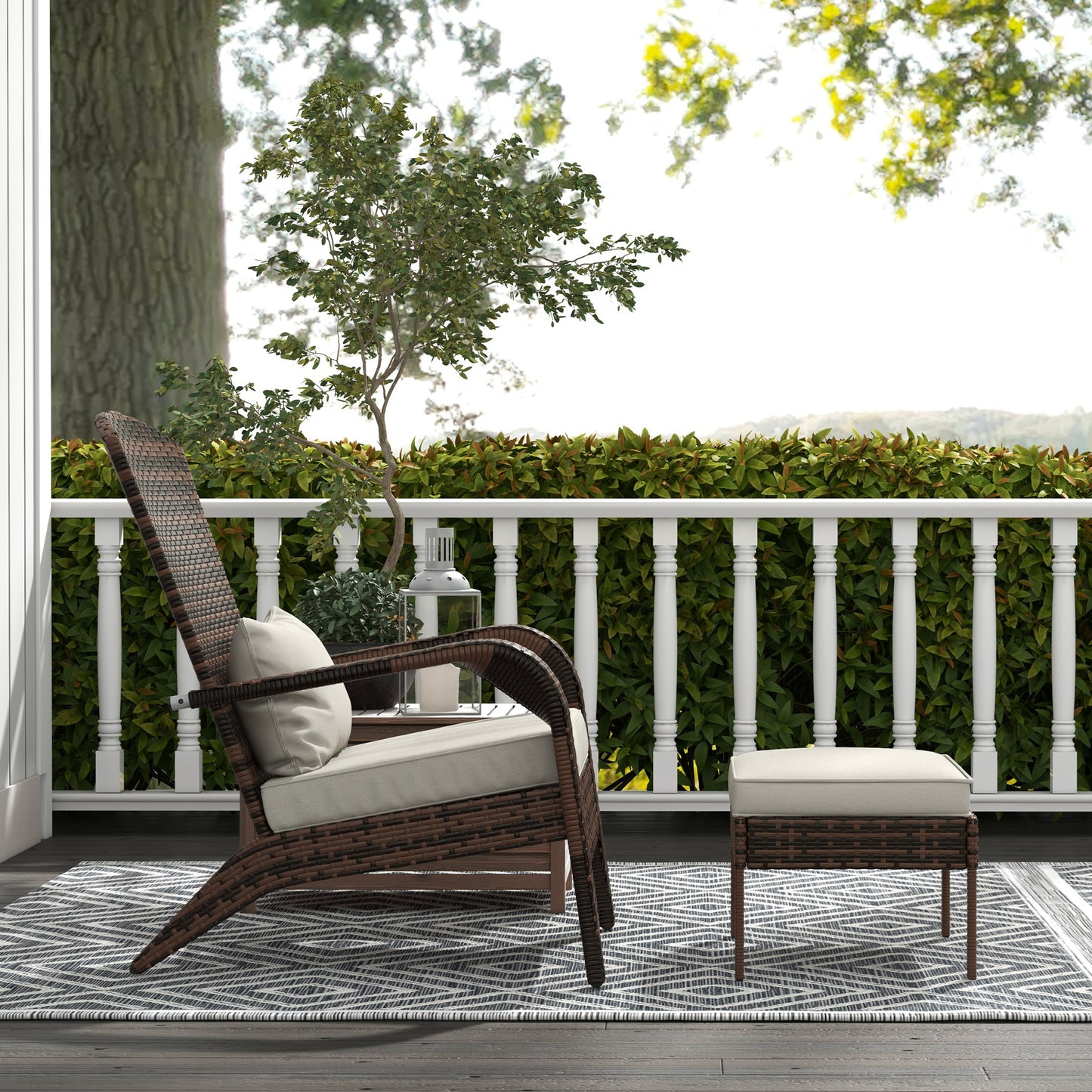 Wicker Adirondack Chair with Ottoman & Cushions - Cream White