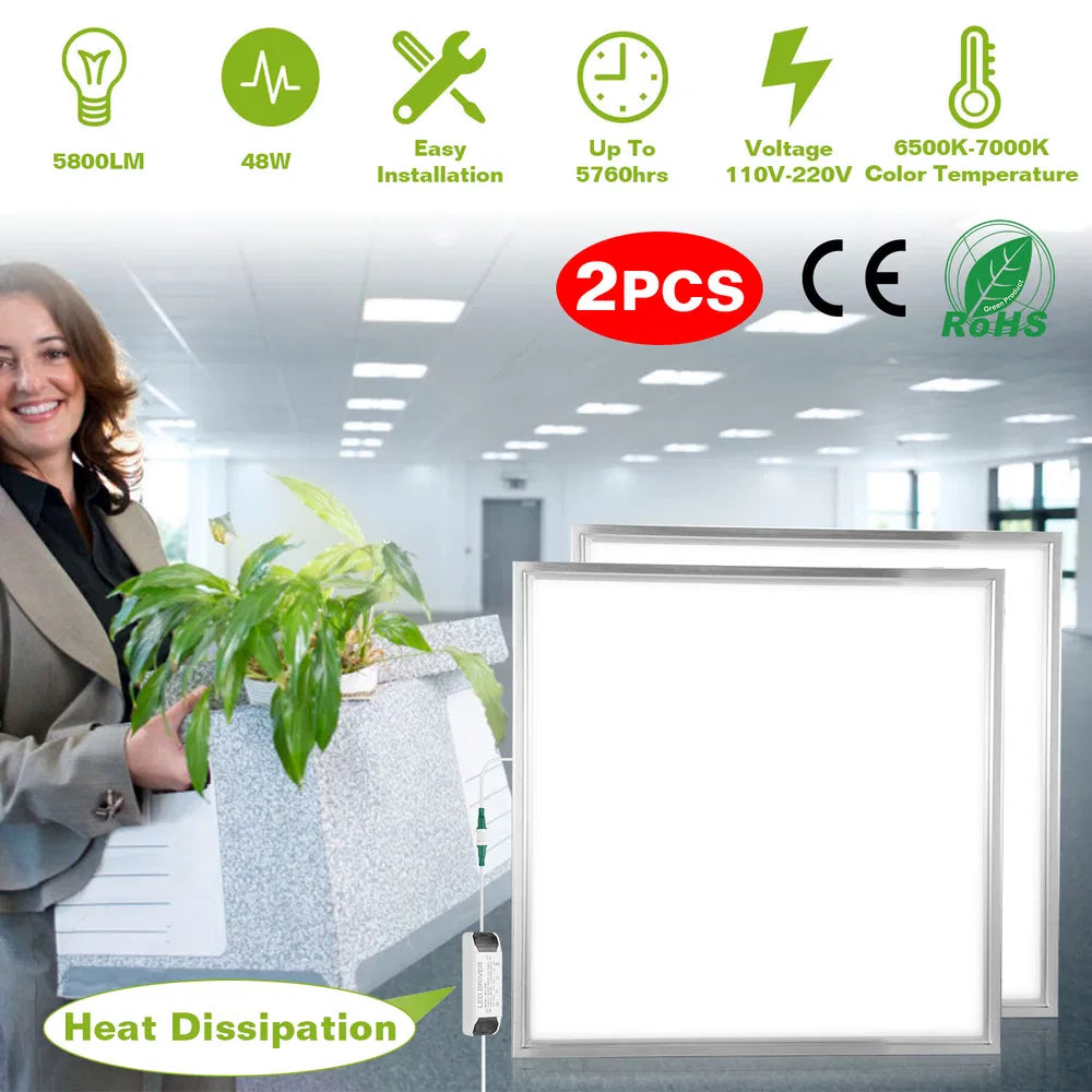 48W LED Panel Light 5800LM 7000K Ceiling Recessed Troffer Light - 2 Pack